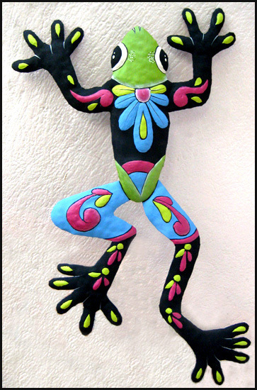 Painted Metal Frog - Tropical Garden Wall Hanging - 12" x 20"